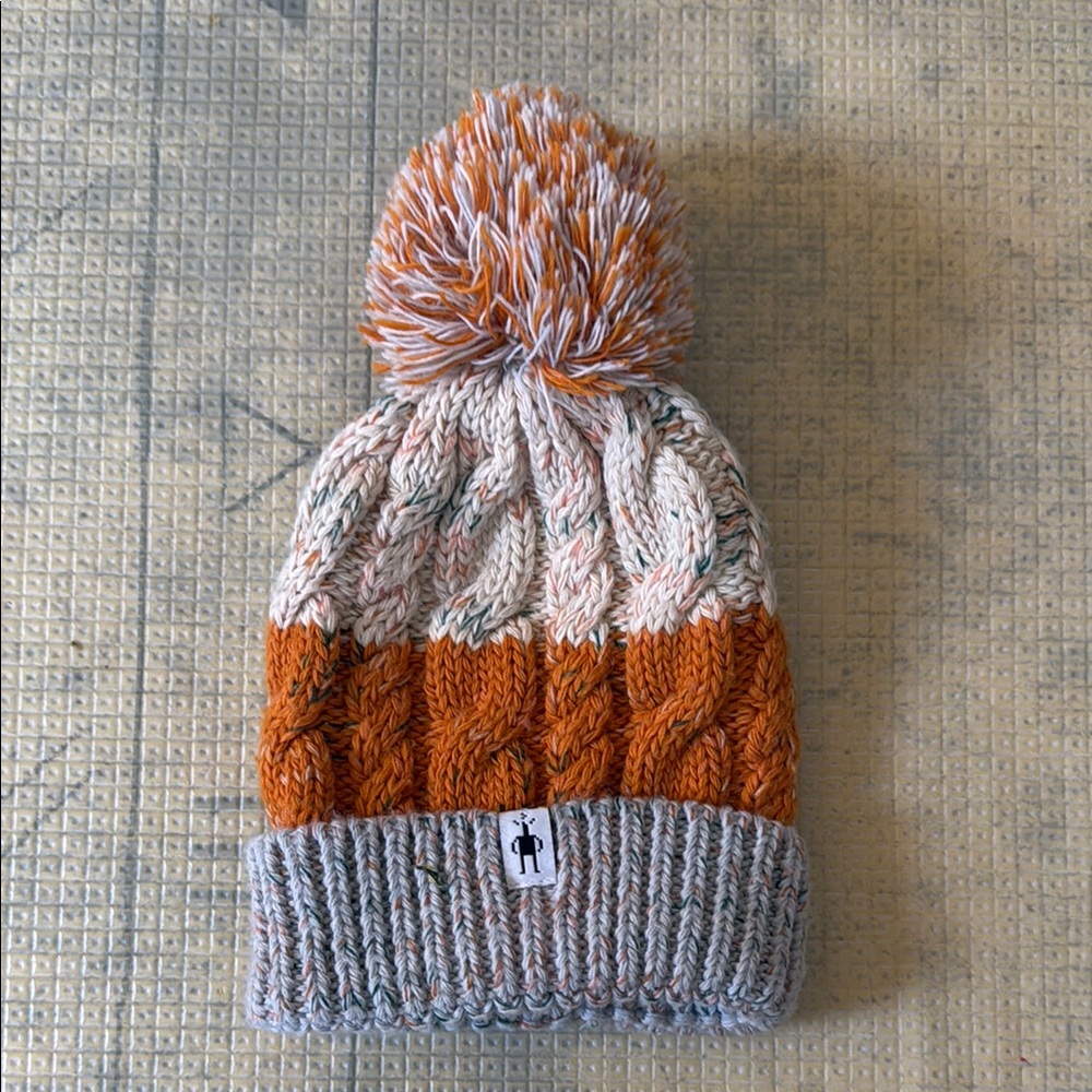 Kids Orange and Grey Knit Pom-Pom Beanie